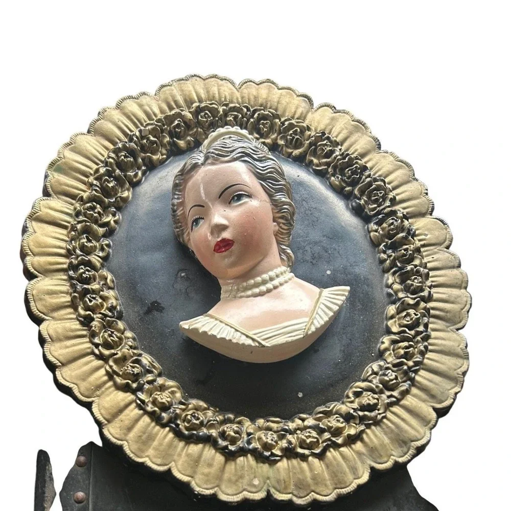 Vintage Mid Century Chalkware Wall Plaque Lady Portrait Bust Gold Black Oval